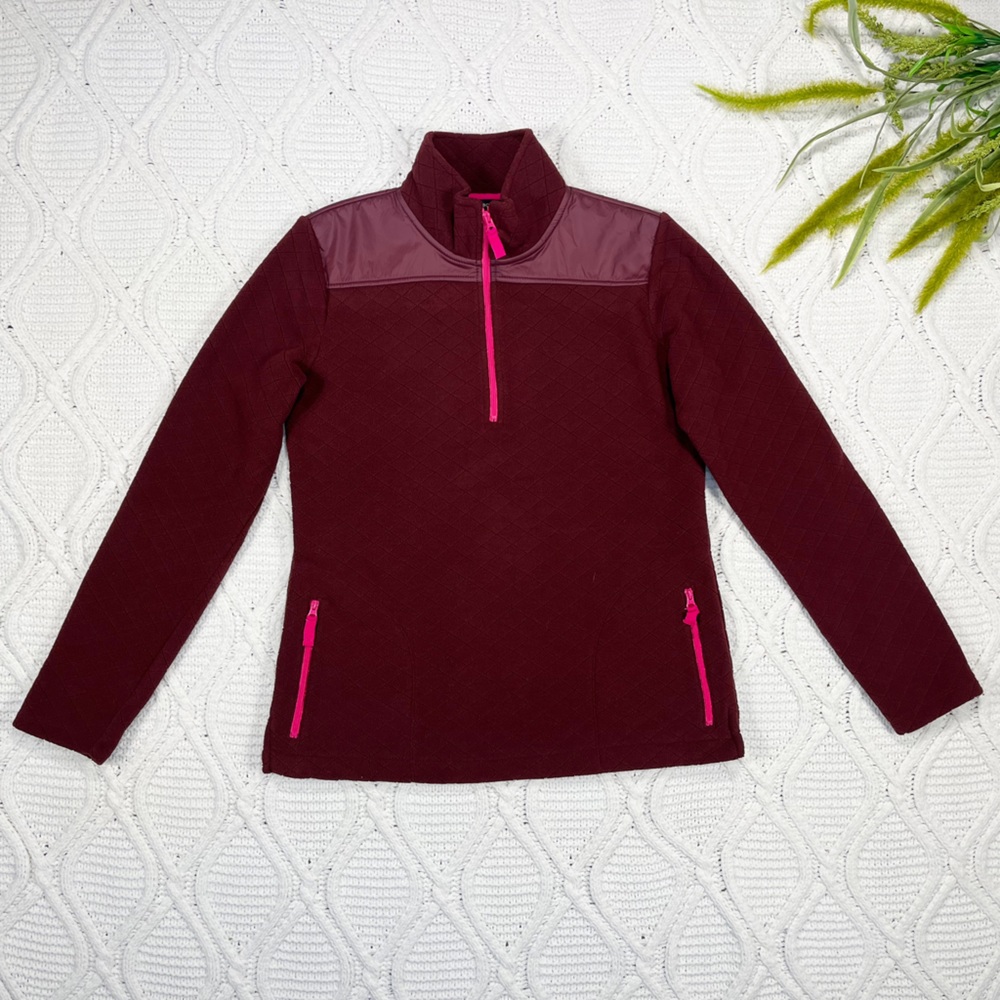 NWT Talbots 1/4 Zip Pullover Women's Quilted Fleece Elbow Patch‎ Burgundy XS